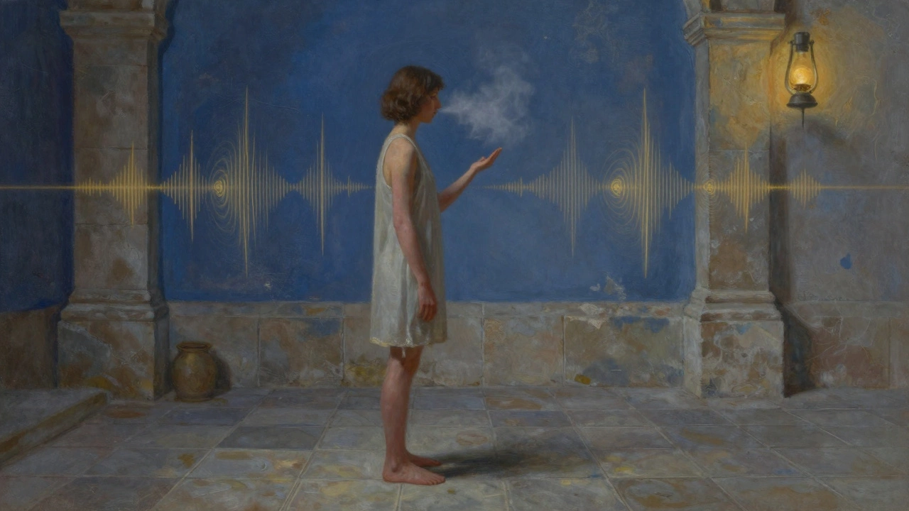 A sound escort hovers a hand near a client&#039;s shoulder, golden sound waves floating in the air, stone walls behind them.