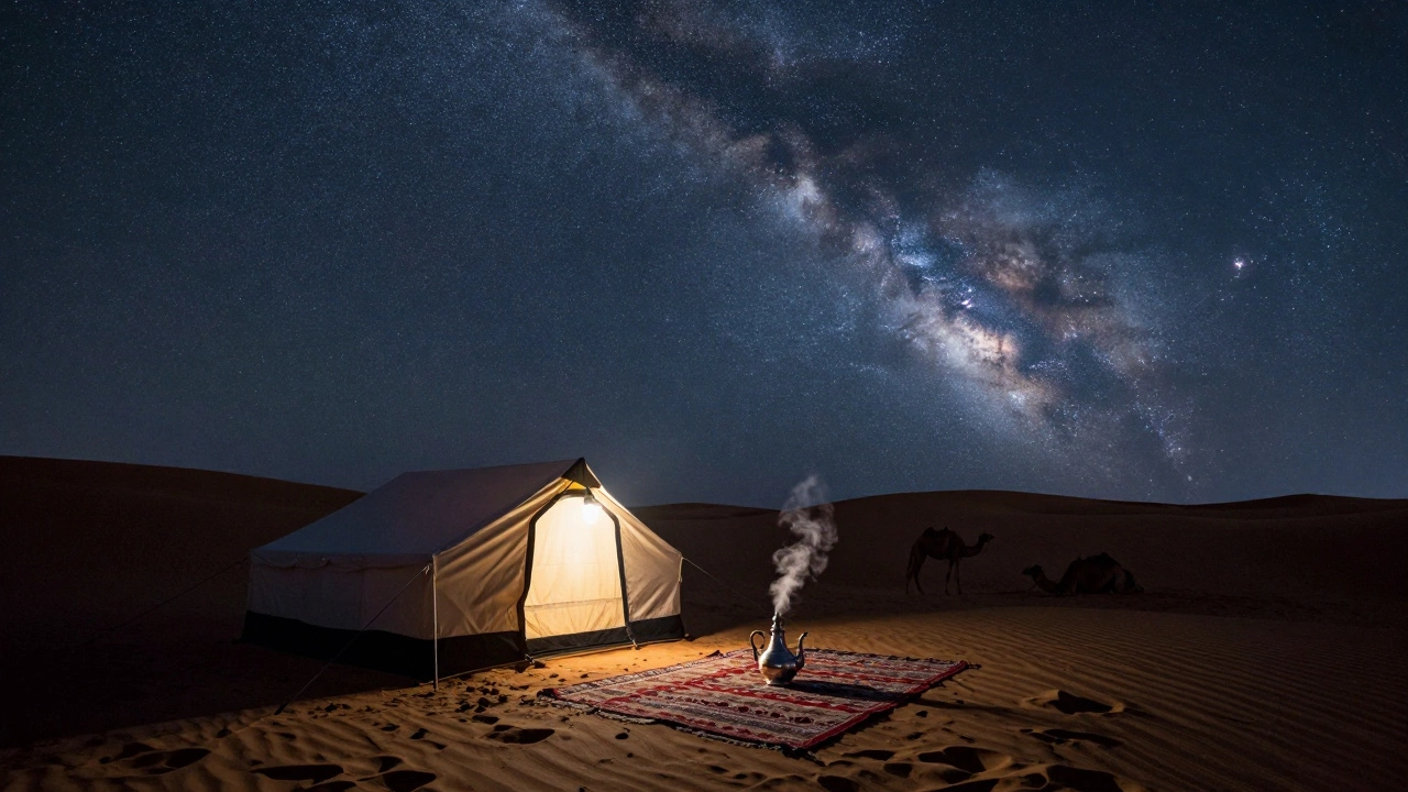 Desert camp under a starry sky with lanterns, tea pot, and resting camels.
