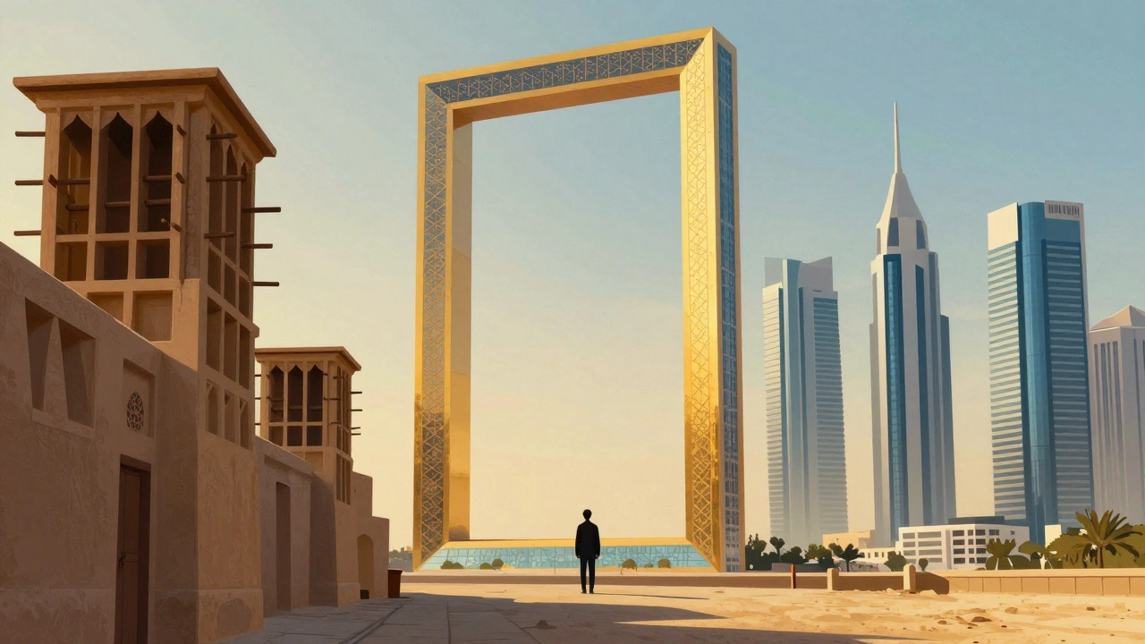 Dubai Frame with traditional and modern cityscapes on either side, a person standing in the center.
