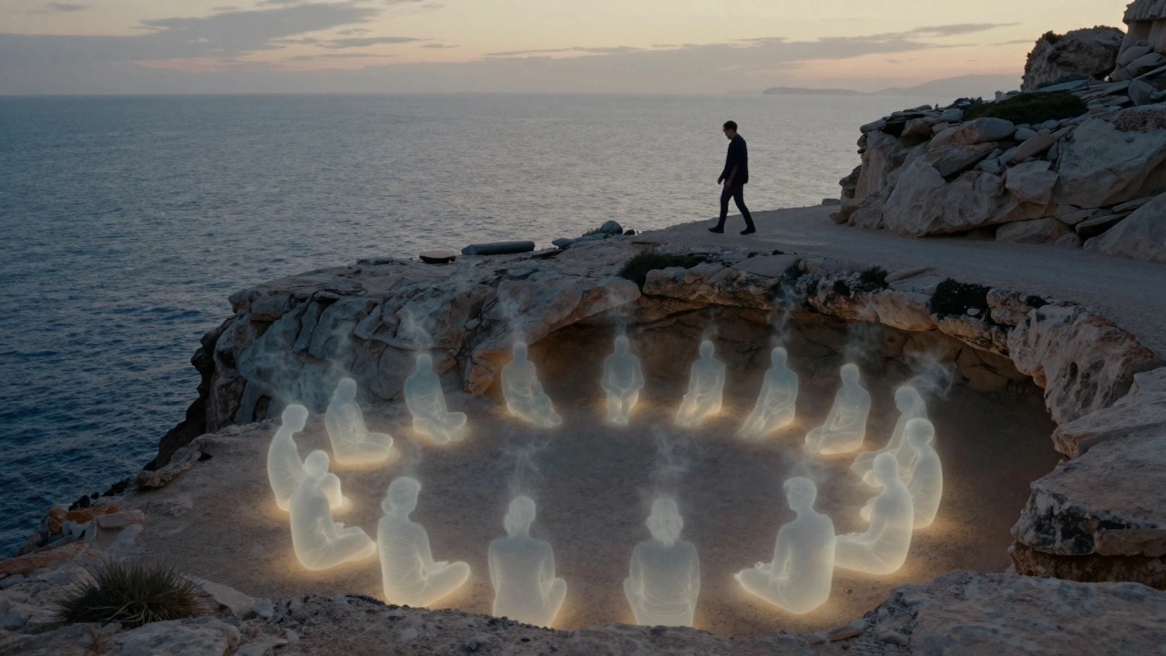 Silhouettes of quiet figures sit in hidden alcoves along Marseille&#039;s cliffs at dusk, glowing sound vibrations rising into the twilight.
